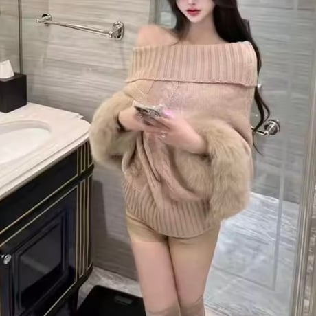 ハイネックケーブルファーポンチョ 3色展開