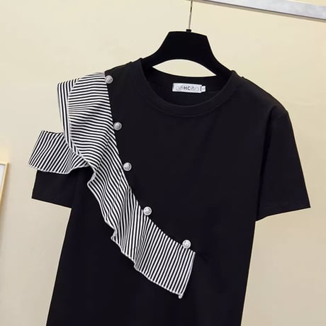 ボーダーフリル シルバーボタンTシャツ