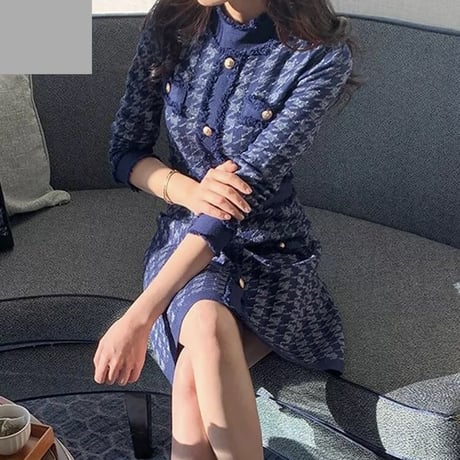 千鳥格子 ネイビーラメニットワンピース