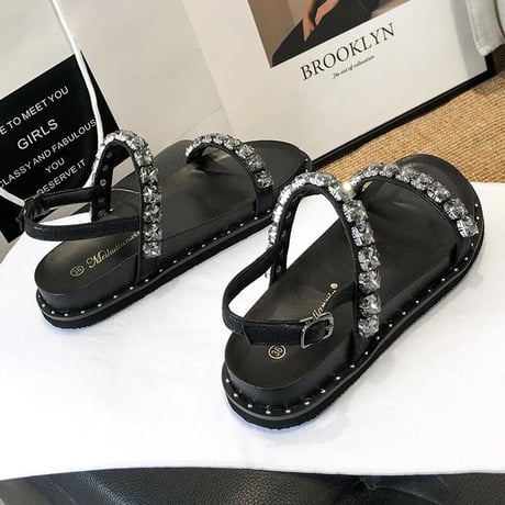 ビジューストラップ フラットサンダル 2色展開