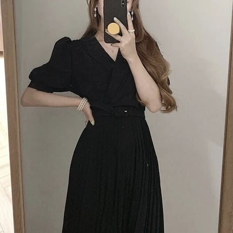 ベルト付き プリーツロングワンピース 3色展開