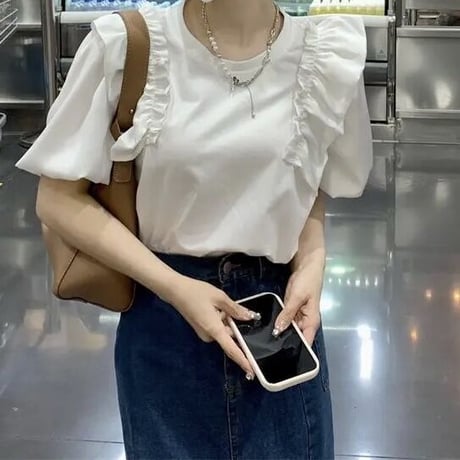 パフスリーブフリル ホワイトTシャツ