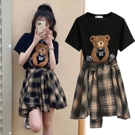 【別売りあり】ベアーTシャツ チェックタイスカートセット
