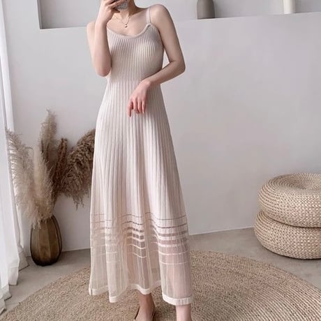 ボーダースルー リブニットワンピース 3色展開