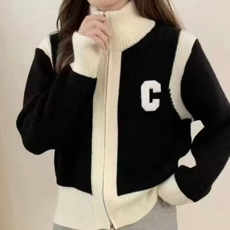 Cワッペンジッパーニットカーディガン
