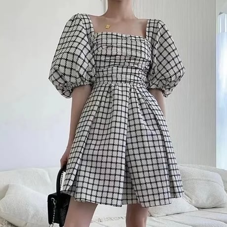 バブルスリーブ チェックワンピース