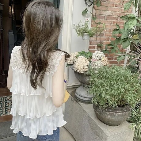 シフォンプリーツ レースカットトップス