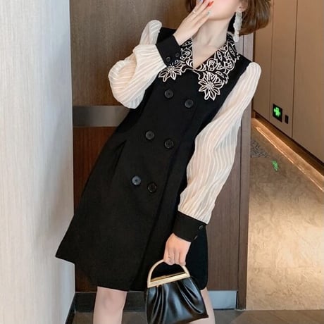 スリーブシフォンストライプ フラワーネックワンピース