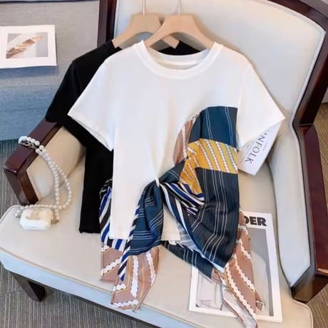 スカーフパッチワークTシャツ 2色展開