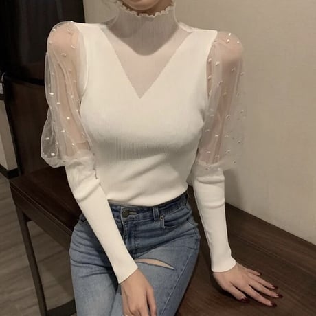 【White即納】シフォンリブスリーブ ニットトップス 2色展開