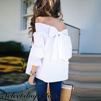 【WhiteMサイズ即納】バックリボン オフショルブラウス 6色展開