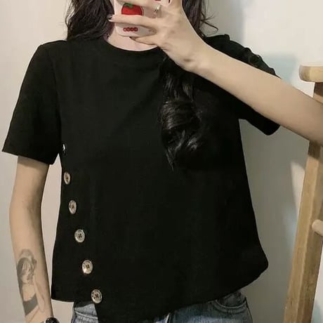 【Purple Lサイズ即納】ゴールドボタンライン Tシャツ 3色展開