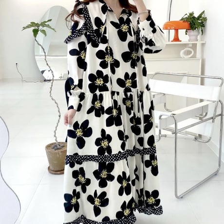 フラワープリント ドットフリルワンピース 2色展開
