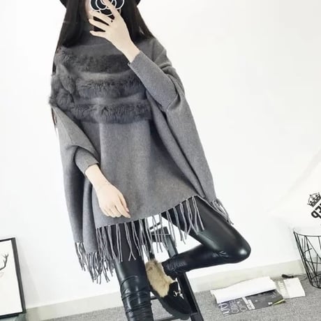 ラビットファー ハイネックポンチョ 4色展開