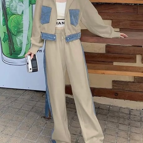 デニムパッチワーク スウェットセットアップ 2色展開
