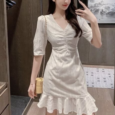 【ショート丈Mサイズ即納】【ロング丈.ショート丈】Vネックフレア ホワイトワンピース