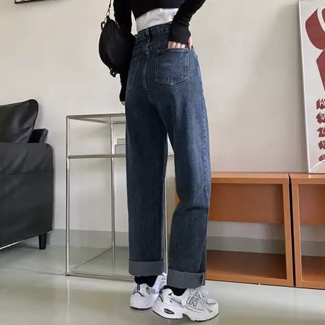 【Sサイズ即納】アシメボタン ストレートデニムパンツ