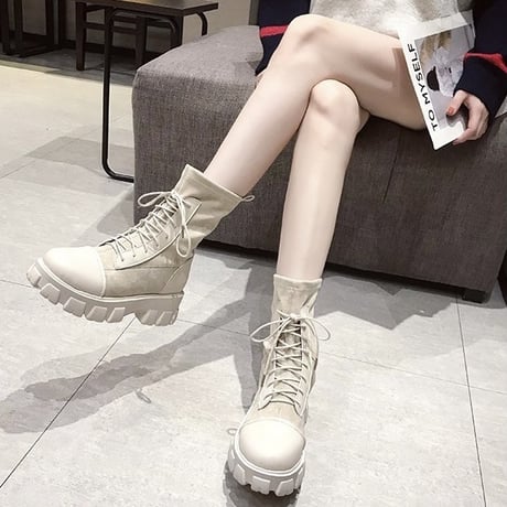【Beigh 24.0cm即納】異素材mix レースアップショートブーツ 2色展開