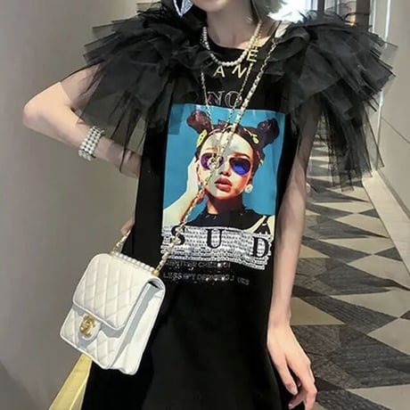 メッシュスリーブ グラフィックワンピース 3色展開