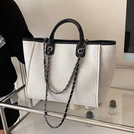 【3サイズ】レザーチェーンキャンバスバッグ 3色展開