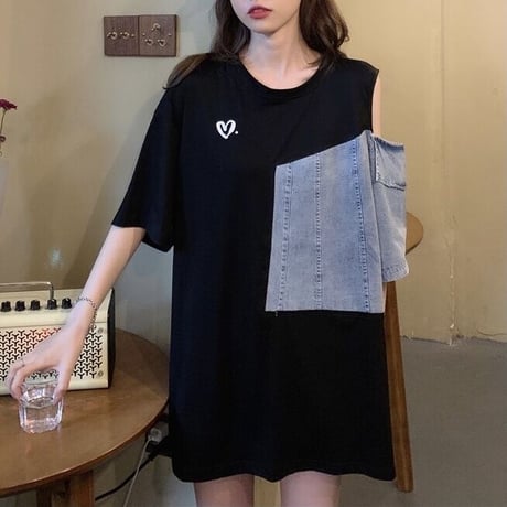 ハートポイント デニムパッチワークTシャツ 2色展開