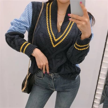 ストライプ ケーブルニット 2色展開