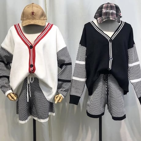 ラインカーディガン ショートパンツセットアップ 2色展開
