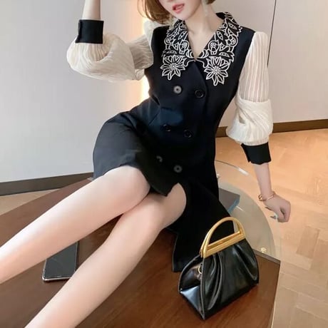 スリーブシフォンストライプ フラワーネックワンピース