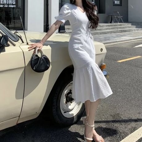 パフスリーブ マーメイドフリルカラーワンピース 3色展開