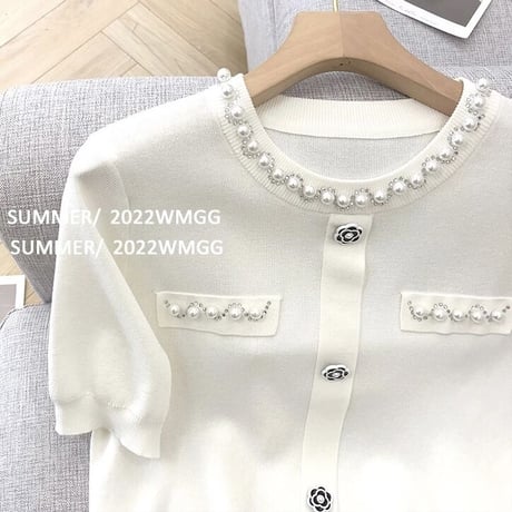 ブラックフラワー パールサマーニットトップス 2色展開