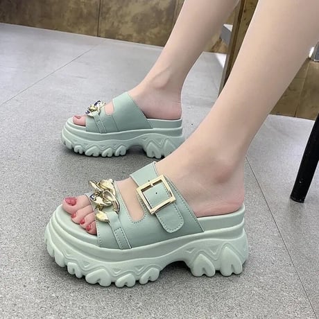 ゴールドチェーンバックル ハイソールサンダル 4色展開
