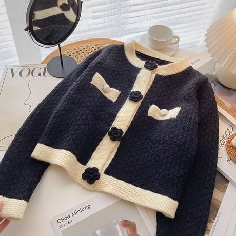 フラワーモチーフ ワッフルカーディガン 2色展開