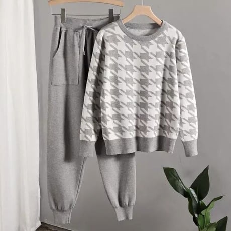 千鳥格子ニット パンツセット 2色展開