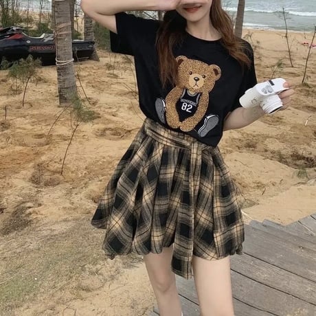 【別売りあり】ベアーTシャツ チェックタイスカートセット