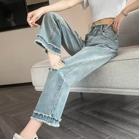 フリンジダメージ デニムパンツ 2色展開
