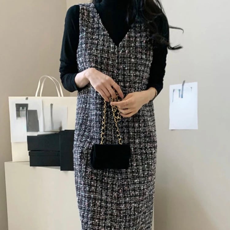 美品✨'20年 ルネ ツイードワンピース ドレス モノトーン Vネック 38 美品✨'20年 ルネ ツイードワンピース ドレス モノトーン V