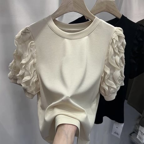フリルスリーブ シンプルコットンTシャツ 2色展開