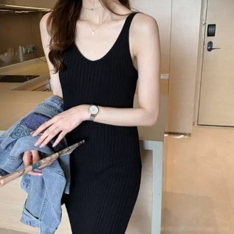 【Black即納】Vネックリブニット ロングワンピース 3色展開