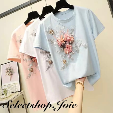 フラワーリボン ステッチTシャツ 3色展開