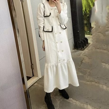 レトロシック ツイード切り替えワンピース 2色展開