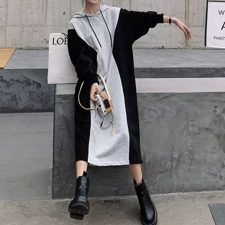 サイドブラック スウェットワンピース