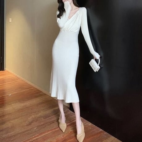 Vネック ハイウエストプリーツワンピース 4色展開