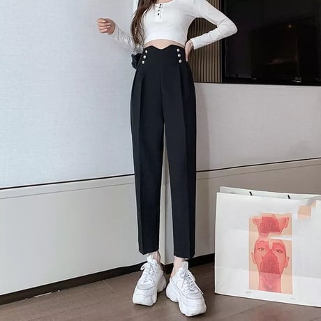ハイウエスト ゴールドボタンタックパンツ 2色展開