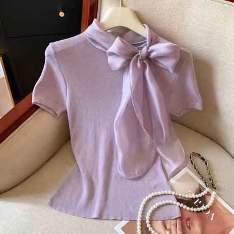 シフォンリボンサマーニットトップス 3色展開