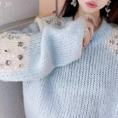 ビジューショルダー パフスリーブニット