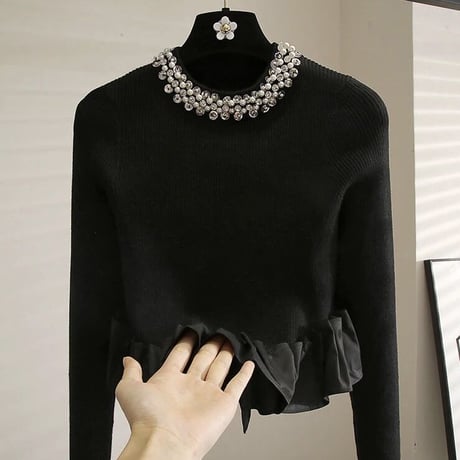 ビジューパールネック フリルニット 3色展開