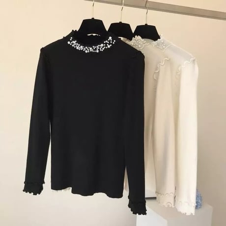 ビジューパール ウェーブフリルニット 4色展開