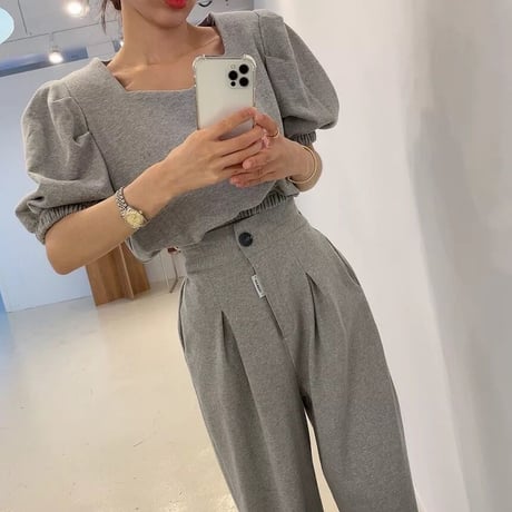 パフスリーブトップス ワイドタックパンツセット 3色展開