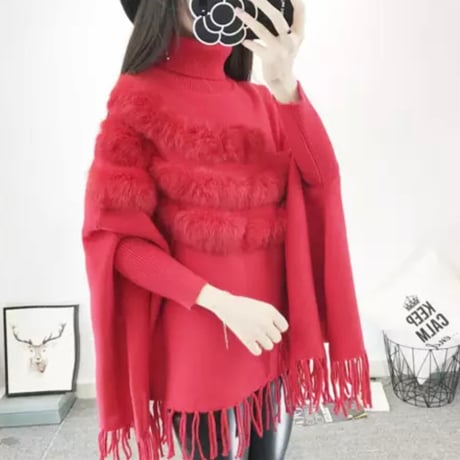 ラビットファー ハイネックポンチョ 4色展開