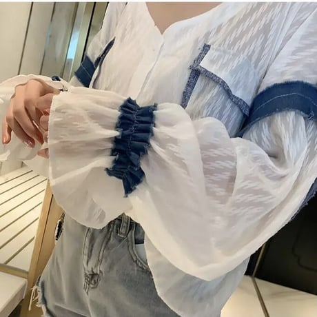 デニムパッチワーク シフォンブラウス